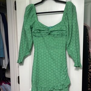 Olivaceous Green Eyelet Puff-Sleeve Mini Dress